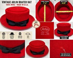 Arlin Red Wool Felt Boater Hat Black Ribbon Bow USA 7 5/8